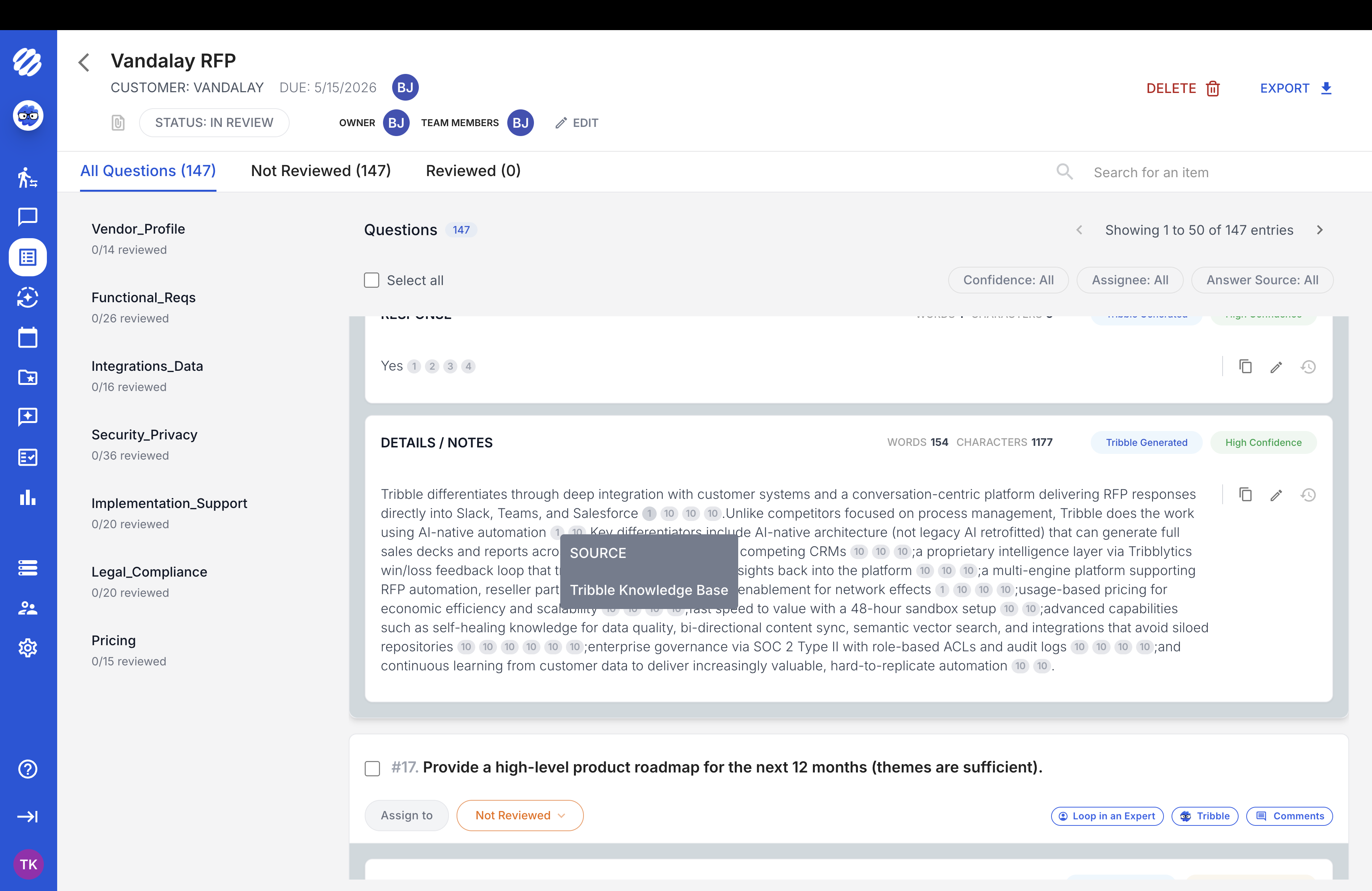 A questionnaire open in Tribble: each question with its drafted answer, the source document named beside it, and a confidence level